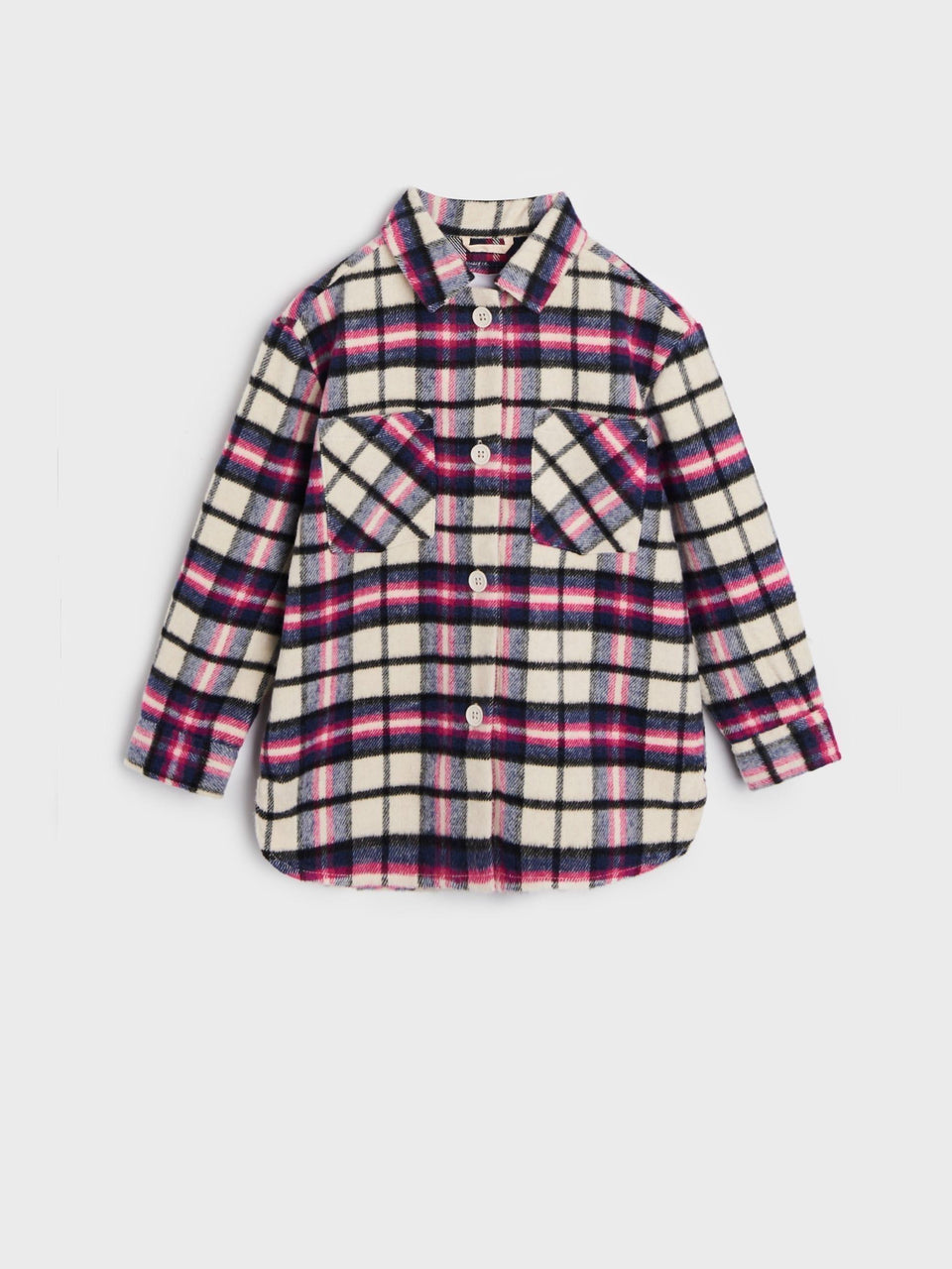 Plaid shirt with pink and purple accents on a light gray background