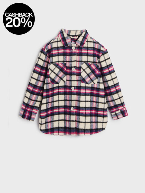 Plaid shirt with pink and purple accents on a light gray background
