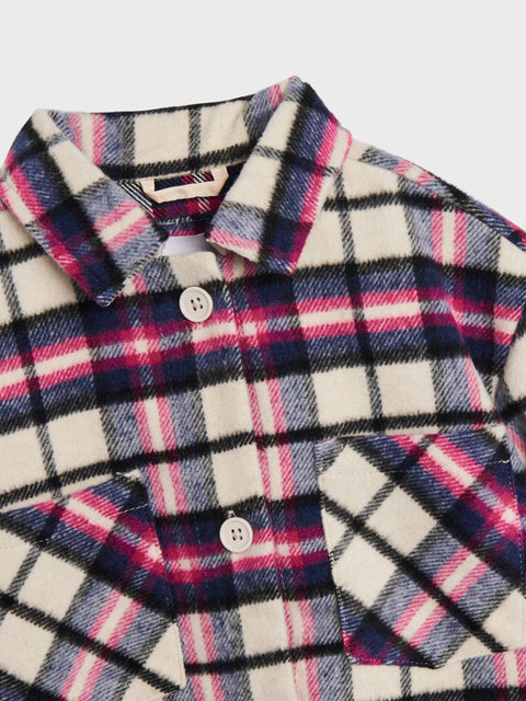 Plaid shirt with pink, blue, and white pattern on a light gray background