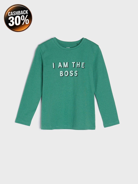 Green long-sleeve shirt with 'I AM THE BOSS' text on a light gray background