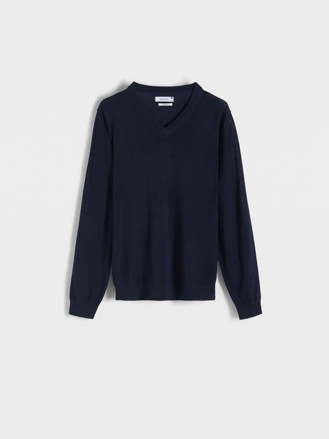 Navy blue sweater on a light gray background