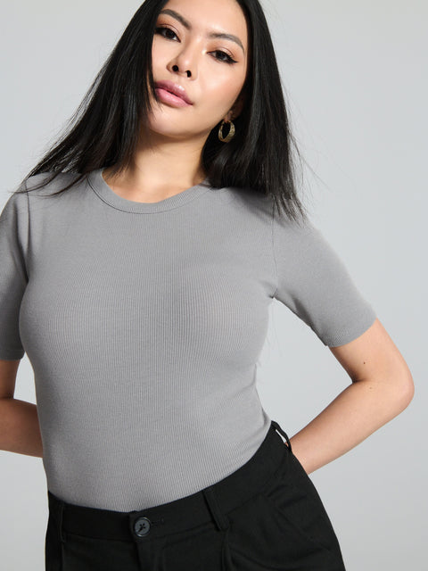 Sinsay Women's Grey Short Sleeves Ribbed T-Shirt | Sinsay In Lebanon