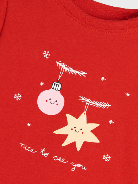 Red shirt with Christmas-themed decorations and 'nice to see you' text on a white background