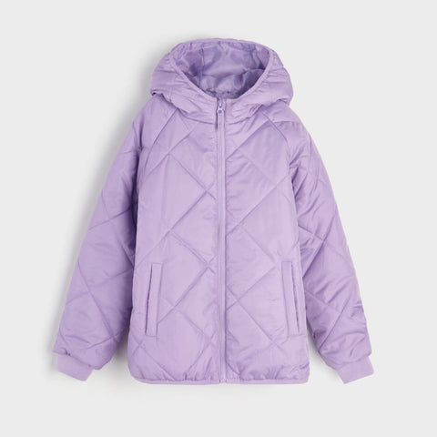 Purple quilted jacket on a light purple background