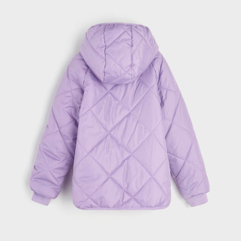 Purple quilted jacket on a light gray background