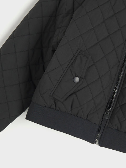 Close-up of a black quilted jacket with a zipper on a white background