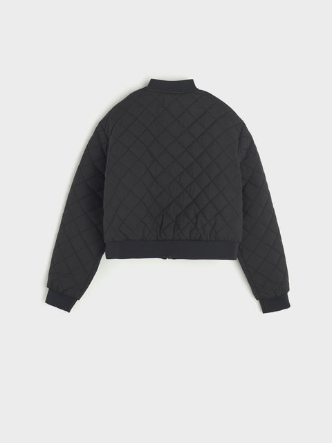 Black quilted jacket on a light gray background
