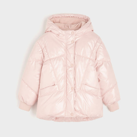 Pink puffer jacket on a light gray background