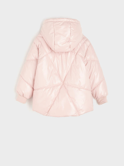 Pink puffer jacket on a light gray background
