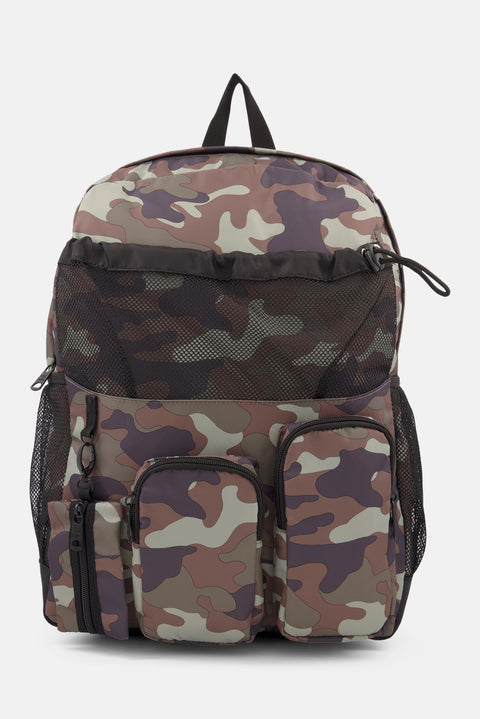 Camouflage-patterned backpack on a white background