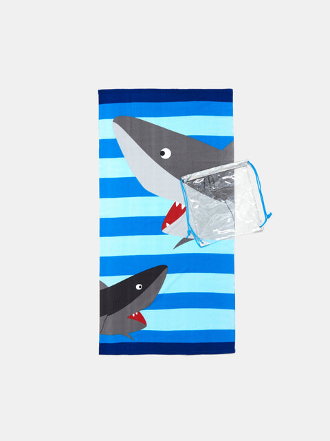 Towel with shark design on a blue and white striped background