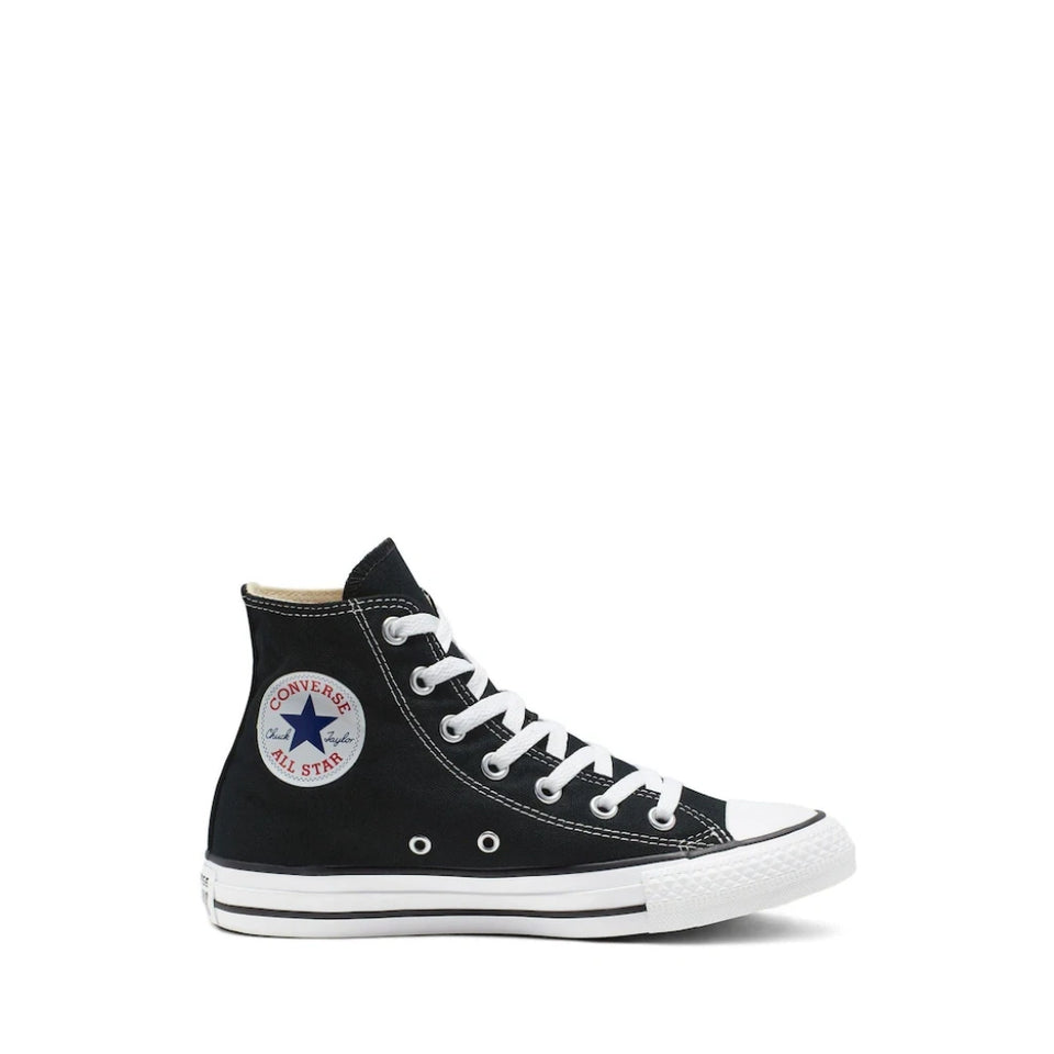A classic black high-top canvas sneaker with white laces, a white rubber toe cap, and a white sole, featuring the circular Converse All Star logo patch on the side.