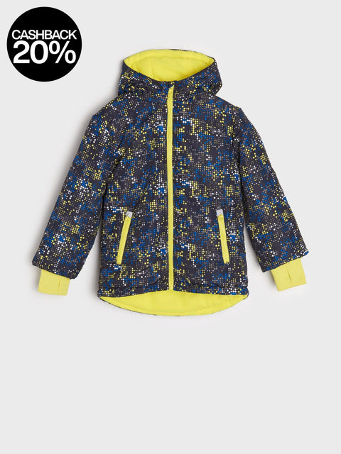Children's jacket with blue and yellow pattern on a light gray background