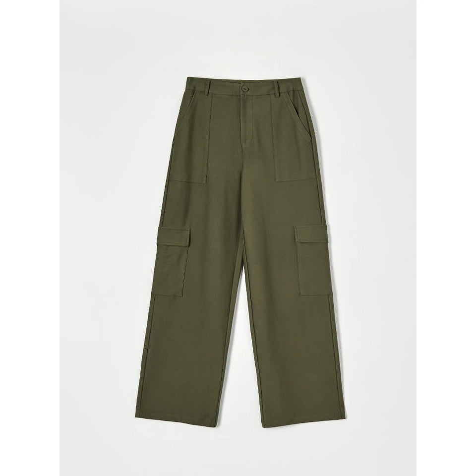 Olive green cargo pants with a high waist, belt loops, front pleats, and side cargo pockets, shown flat on a light gray background.