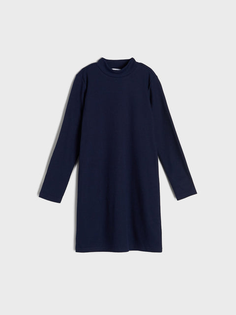 Navy blue dress on a light gray background