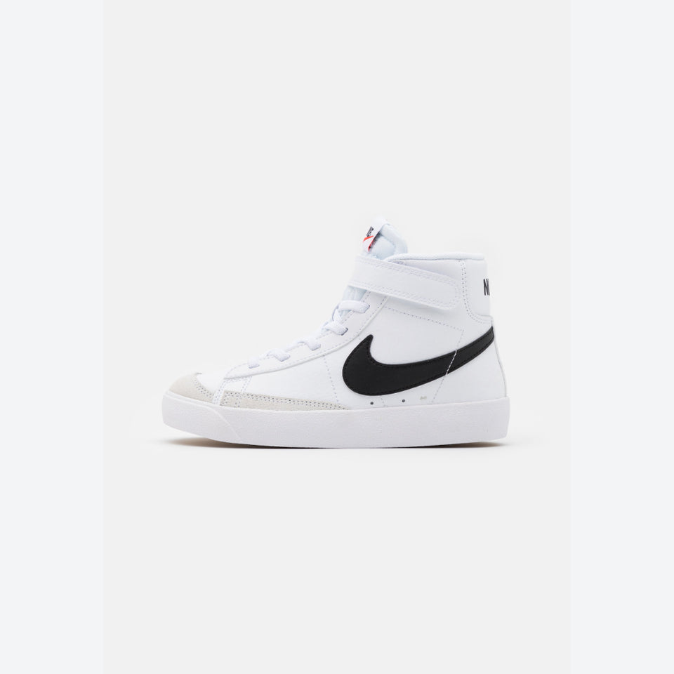 A white Nike high-top sneaker with a black Swoosh logo, shown from the side on a clean white background.