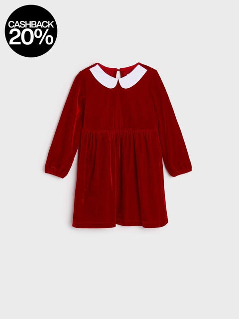 Red dress with a white collar on a light gray background