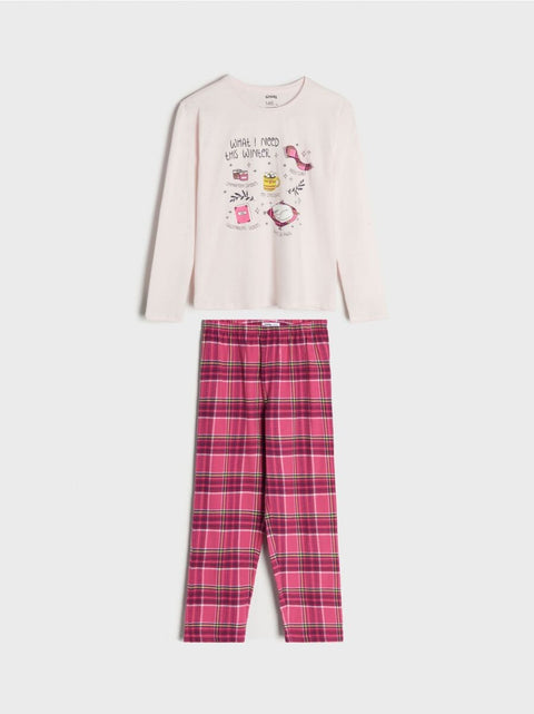 Sinsay Girl's Light Pink Printed & Checkered Bottom Pajama Set |Sinsay In Lebanon