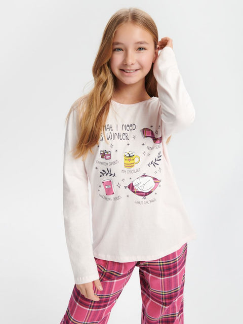 Sinsay Girl's Light Pink Printed & Checkered Bottom Pajama Set |Sinsay In Lebanon