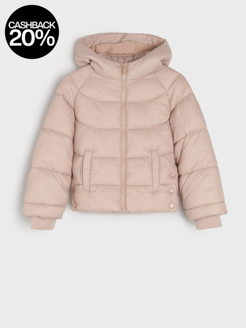 Beige puffer jacket on a light gray background