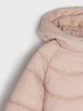 Close-up of a light pink puffer jacket on a light gray background