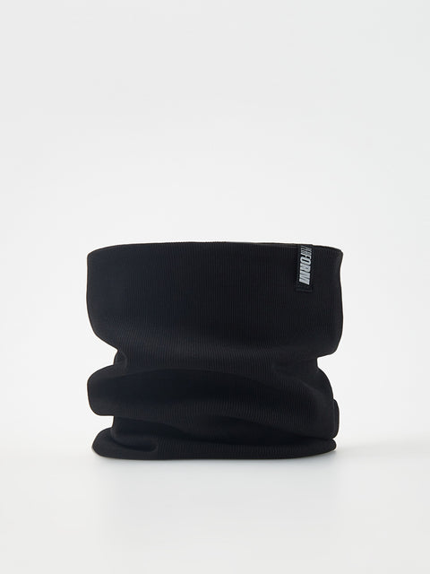 Black neck gaiter with a brand logo on a white background