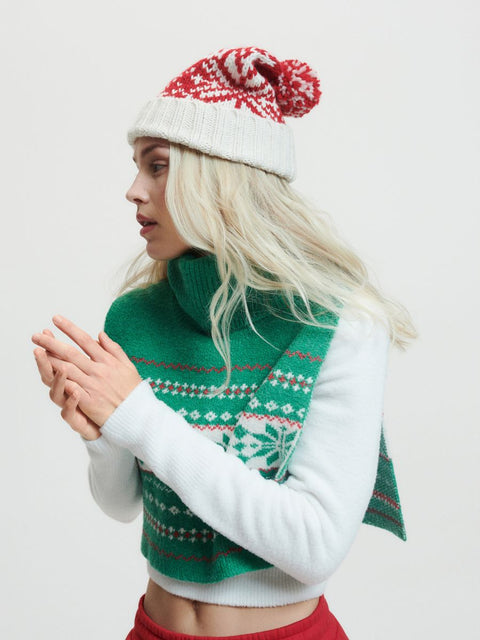 Reserved Women's Red & White Rib Knit Graphic Pompom Beanie |Reserved In Lebanon