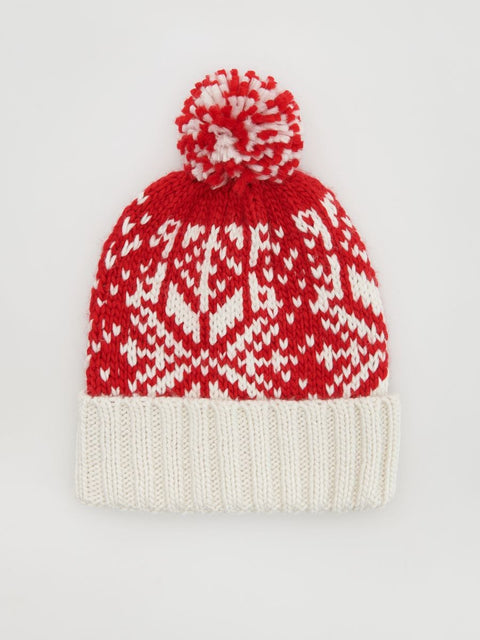 Reserved Women's Red & White Rib Knit Graphic Pompom Beanie |Reserved In Lebanon