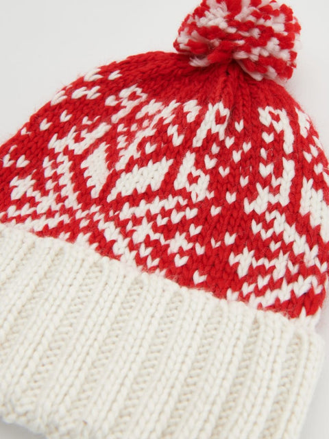 Reserved Women's Red & White Rib Knit Graphic Pompom Beanie |Reserved In Lebanon