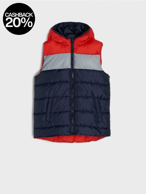 Multicolored puffer vest on a light gray background