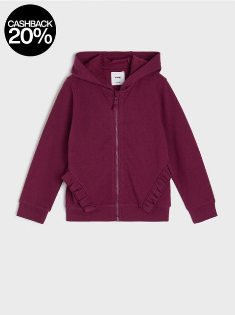 Maroon hoodie with ruffled details on a white background
