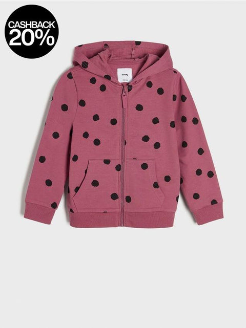 Pink hoodie with black polka dots on a white background