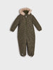 Green camouflage snowsuit with fur-lined hood on a light gray background