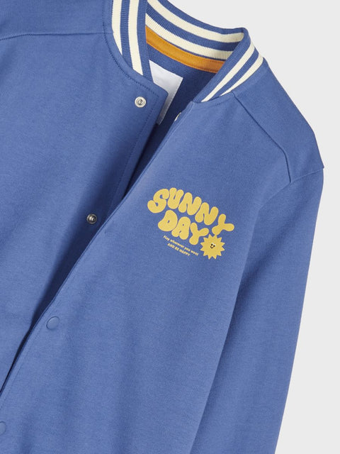 Blue jacket with 'Sunny Day' text and sun graphic on a white background