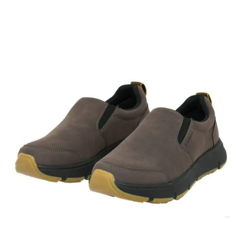 Pair of brown slip-on shoes with yellow soles on a white background