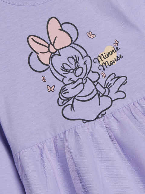 Purple dress with cartoon character and 'Minnie Mouse' text on a light purple background