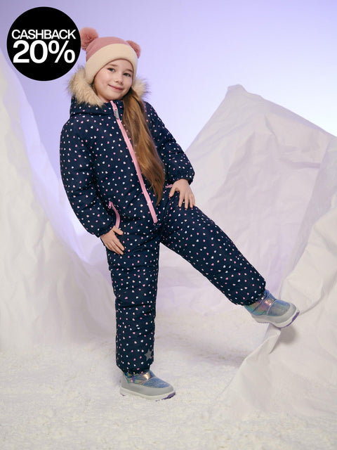 Child wearing a navy blue snowsuit with white patterns and pink accents on a white background