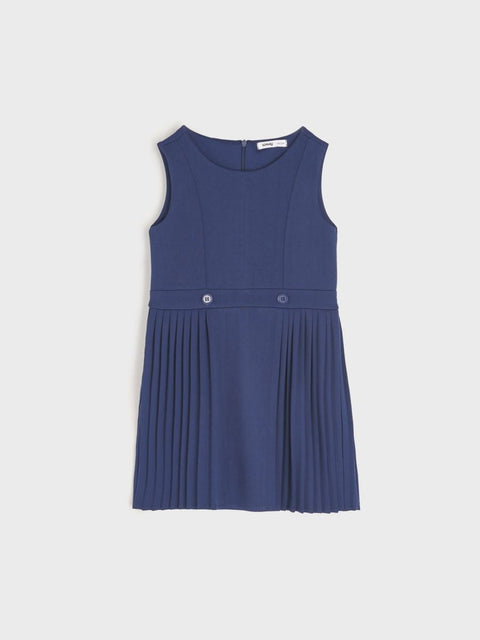 Blue dress with pleated skirt on a white background