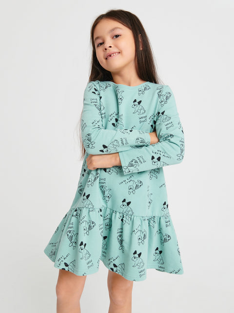 Sinsay Girl's Teal Green Babydoll Dress With a Print | Sinsay In Lebanon