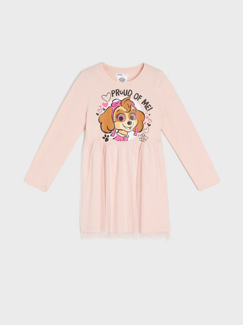 Pink nightgown with a cartoon character and text on a light gray background
