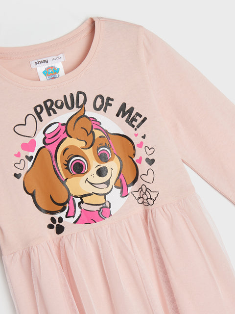 Pink dress with cartoon dog character and 'Proud of Me!' text on a white background