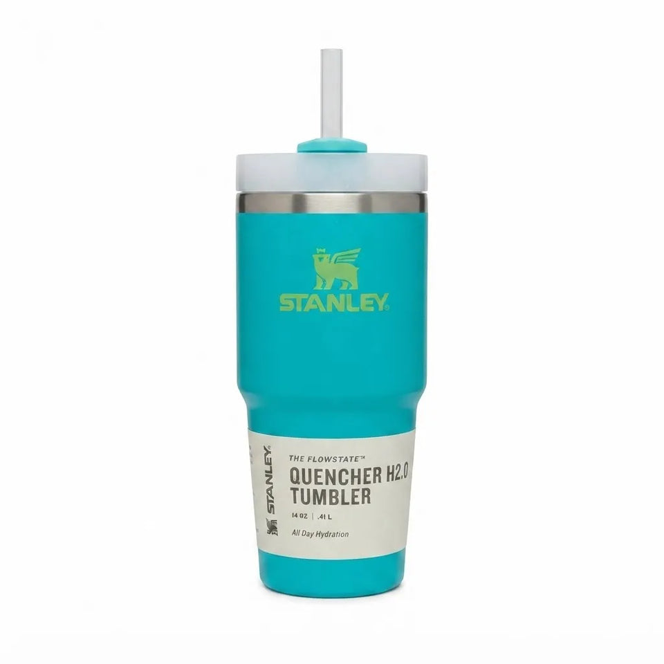A turquoise Stanley Quencher H2.0 tumbler with a clear straw and white lid, shown on a plain white background.