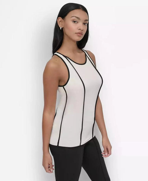 Dkny Women's Ivory & Black Petite Contrast Trim Tank Top Sleeveless Blouse | Dkny In Lebanon