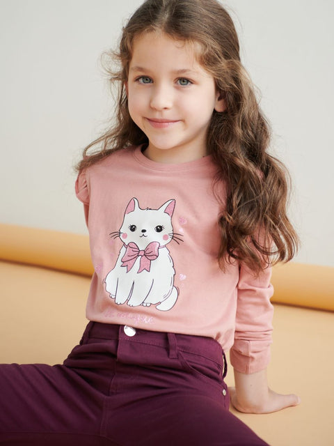 Sinsay Girl's Dusty Pink Cat Print Long Sleeve Blouse | Sinsay In Lebanon