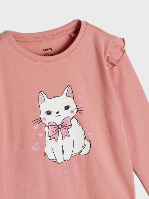 Sinsay Girl's Dusty Pink Cat Print Long Sleeve Blouse | Sinsay In Lebanon