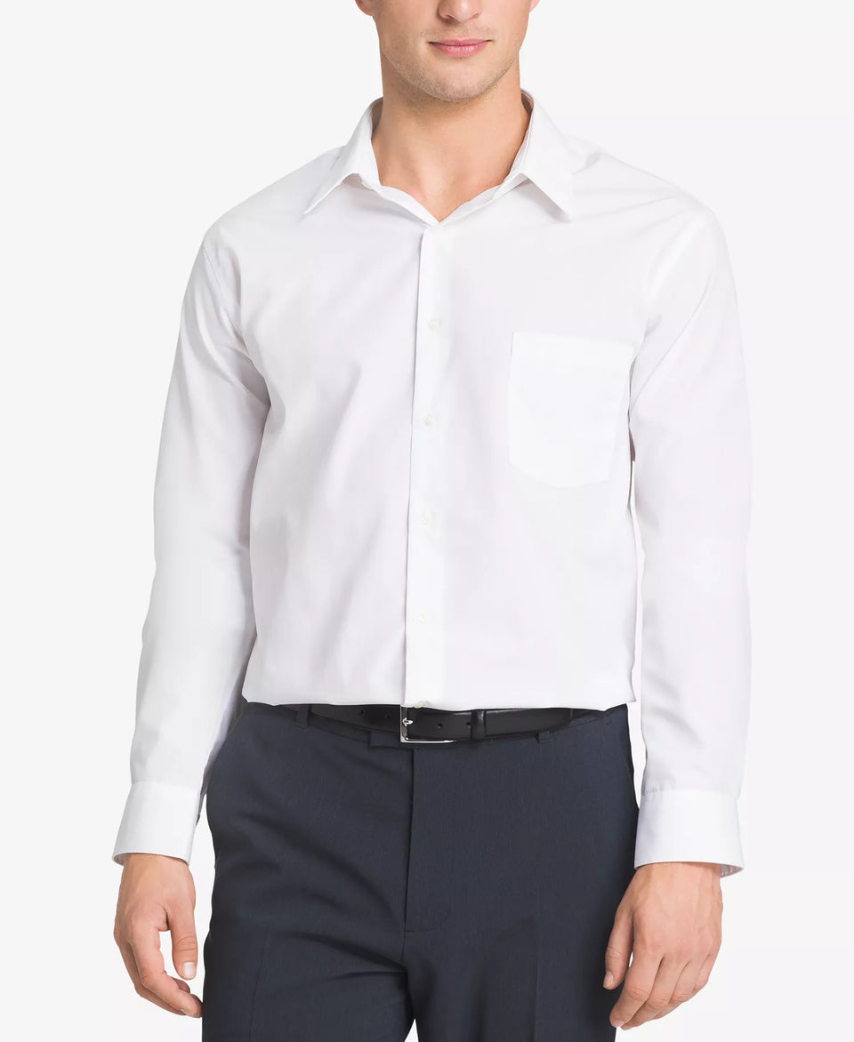 Man wearing a white dress shirt and dark pants on a white background