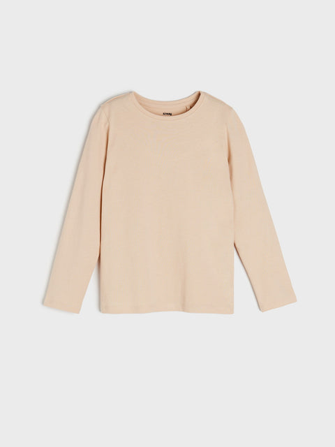 Beige long-sleeve top on a light gray background