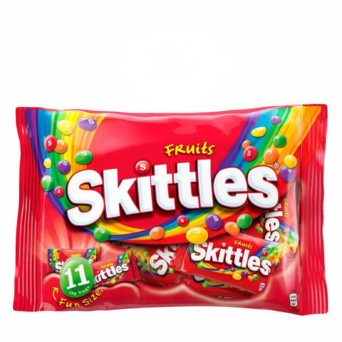 Skittles fruit candy package with 11 packs on a white background