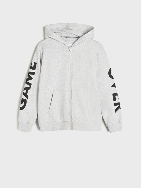 Gray hoodie with 'GAME OVER' text on sleeves against a white background