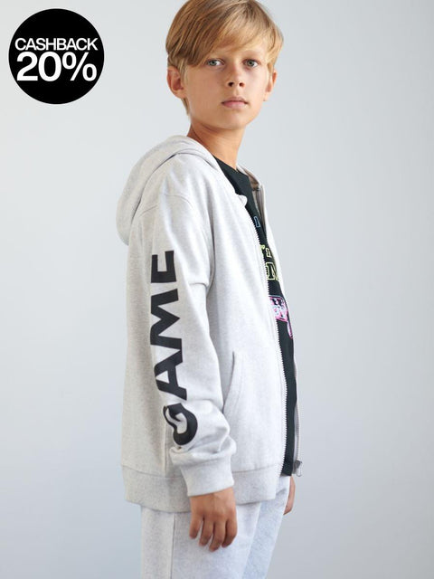 Child wearing a gray hoodie with 'GAME' branding on a light gray background